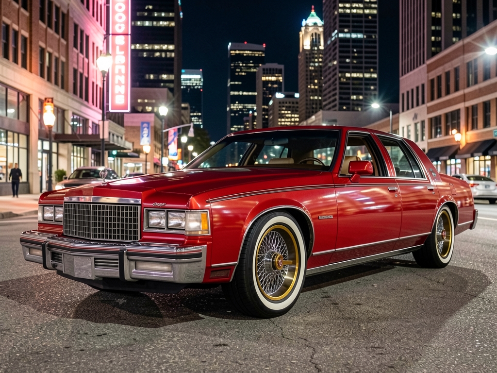 AI preview of a red classic Cadillac on gold-lip wire wheels in Houston